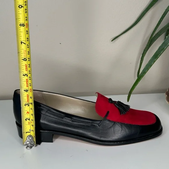 Vintage 80s/90s Talbots Made in Italy Loafers Black Leather Red Suede Tassel 6M - Picture 9 of 11